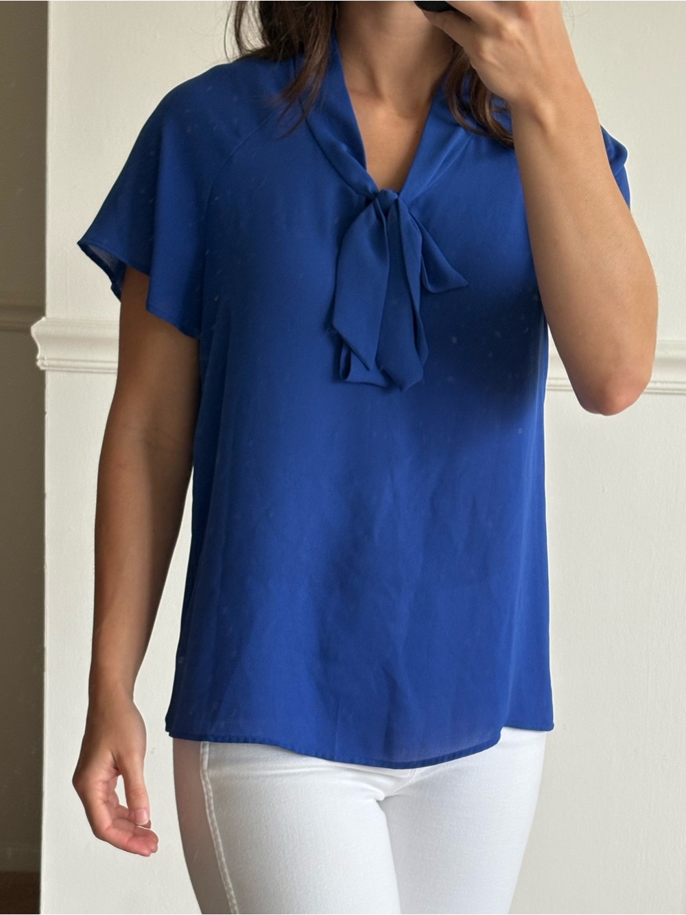 Pleione Royal Blue Tie-Neck Short Sleeve Blouse